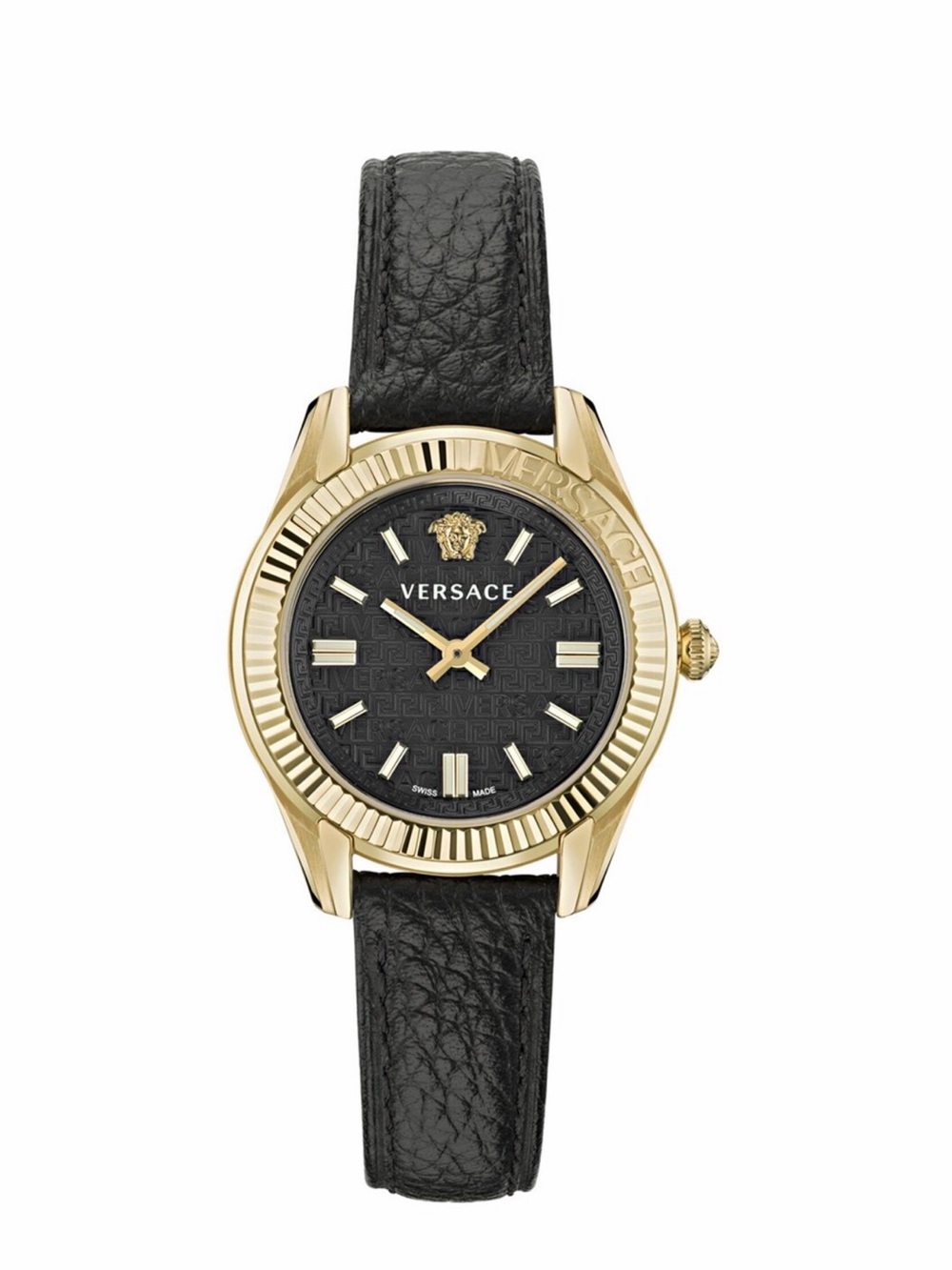Versace Black Dial Gold-Tone Case Leather Strap Watch
